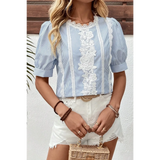 Trendsi women's summer half sleeve top with blue stripes and white lace floral details
