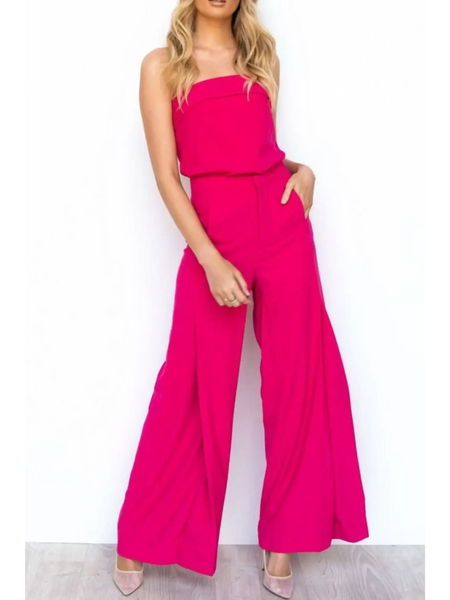 Women wearing hot pink women's tube top and pants set with wide leg pants and strapless top