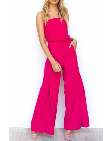 Women wearing hot pink women's tube top and pants set with wide leg pants and strapless top