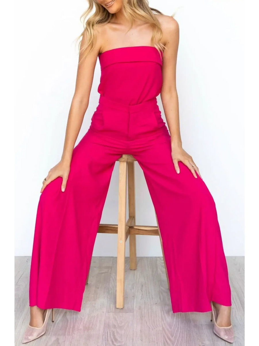 Trendsi women's tube top and pants set in bright pink with wide-leg pants and strapless top