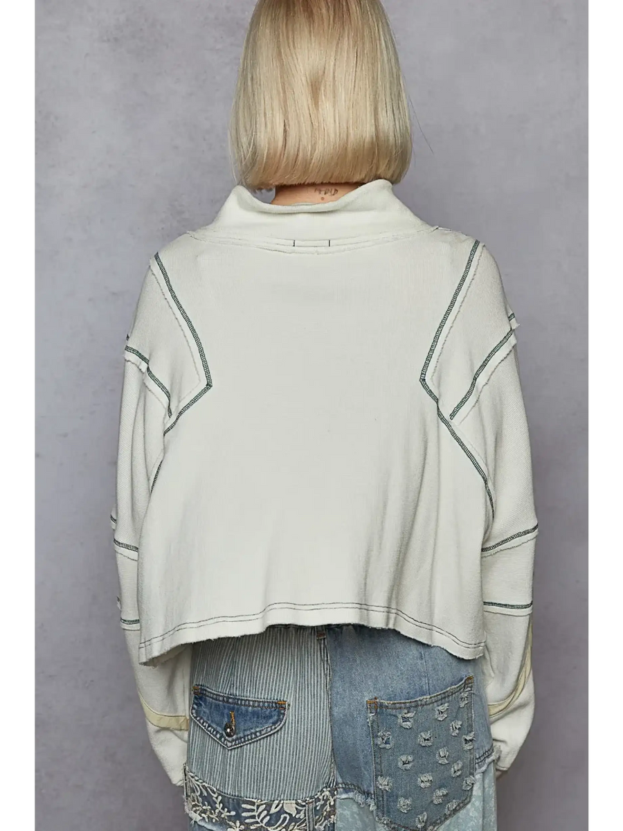 Back view of women's zip front sweatshirt in white with contrast stitching by Trendsi