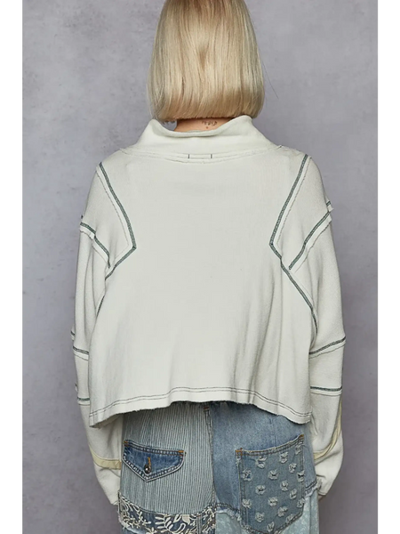 Back view of women's zip front sweatshirt in white with contrast stitching by Trendsi