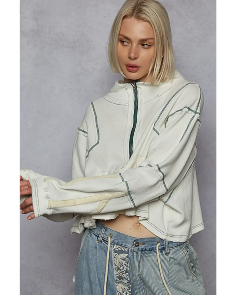 Trendsi women's zip front sweatshirt in white with contrast stitching and cropped long sleeves