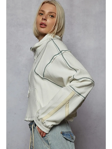 Trendsi women's zip front sweatshirt in cream with contrast stitching and long sleeves
