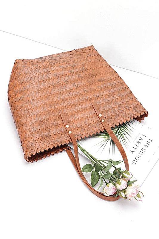 Babe Beachwear woven bamboo summer handbag with leather straps and decorative flowers