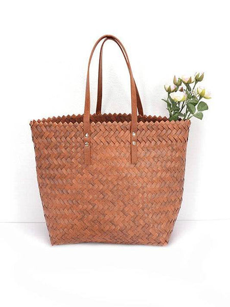 Babe Beachwear woven bamboo summer handbag with leather handles and woven texture