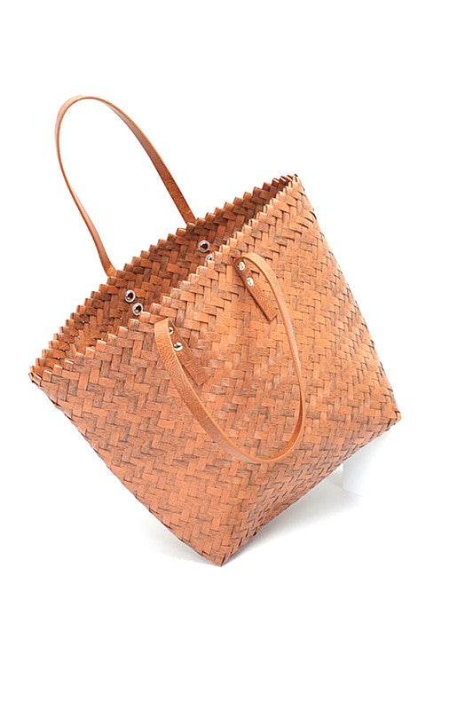 Babe Beachwear woven bamboo summer handbag with leather handles and spacious design