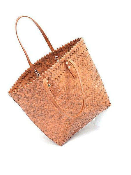 Babe Beachwear woven bamboo summer handbag with leather handles and spacious design