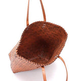 Babe Beachwear woven bamboo summer handbag with brown leather straps and spacious interior