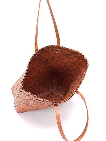 Babe Beachwear woven bamboo summer handbag with brown leather straps and spacious interior