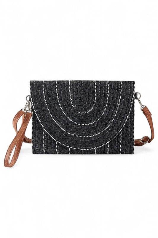 Babe Beachwear Small Clutch Shoulder bag in black with circular pattern and brown adjustable strap