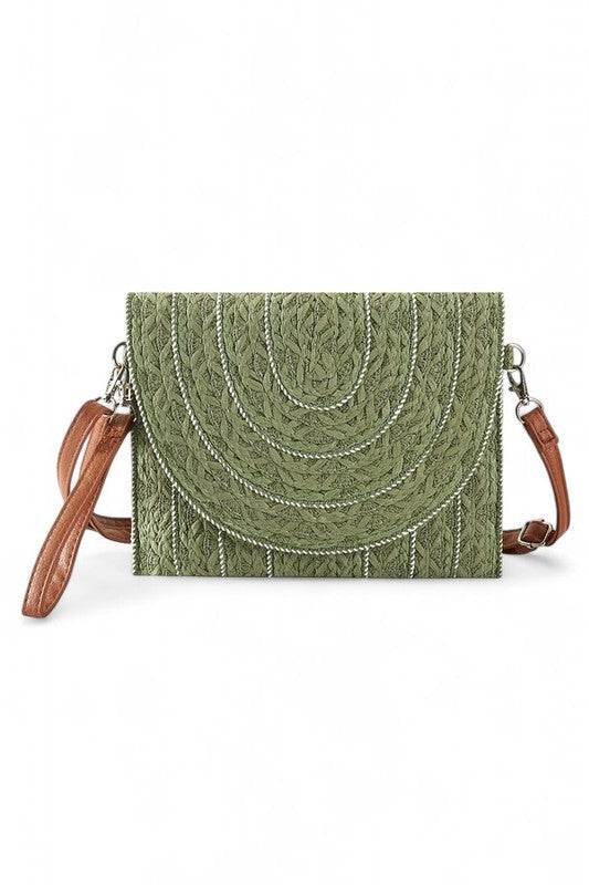 Babe Beachwaer Small Clutch Shoulder bag in green with textured pattern and brown adjustable strap