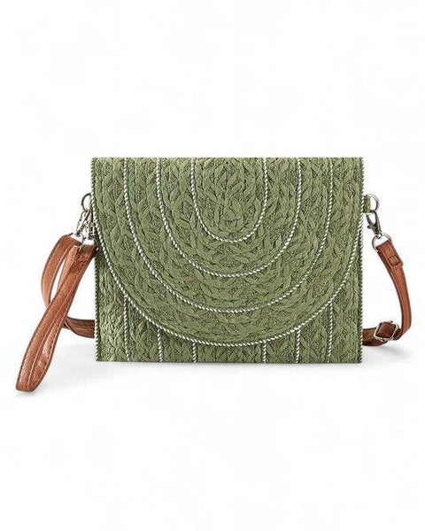 Babe Beachwaer Small Clutch Shoulder bag in green with textured pattern and brown adjustable strap