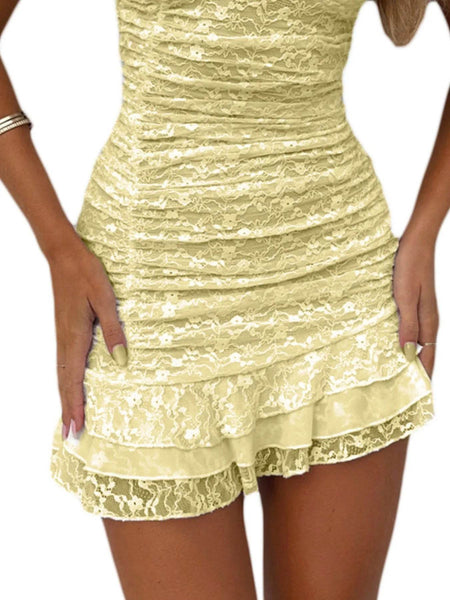 Babe Beachwear chic bodycon mini dress for summer in light yellow lace with ruffle hem