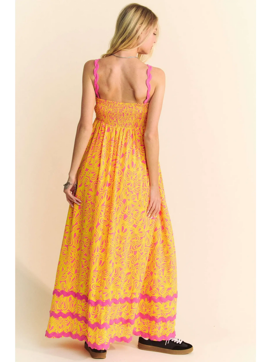 Trendsi yellow floral sundress for travel with pink straps and maxi flowy design