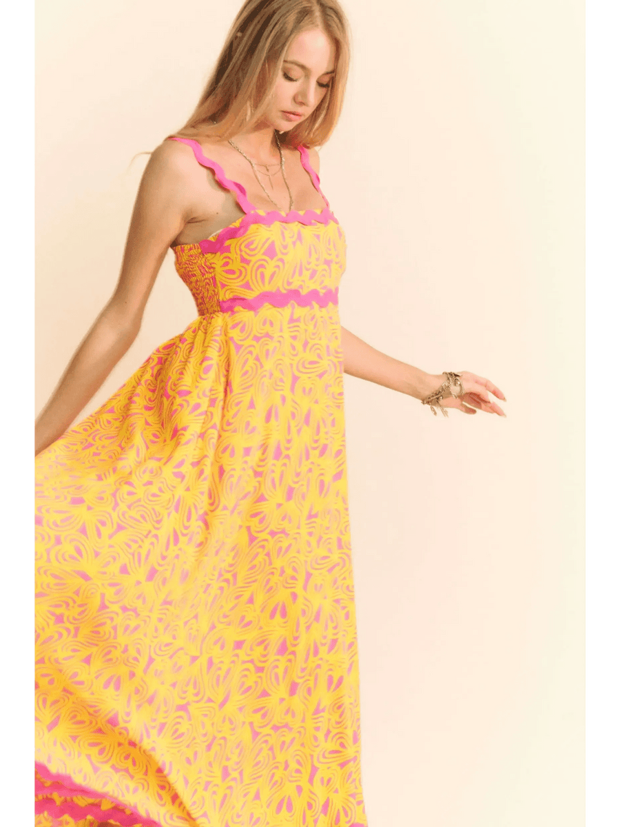 Trendsi yellow floral sundress for travel with pink accents and scalloped straps maxi dress