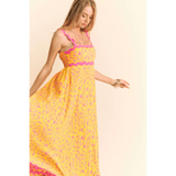 Trendsi yellow floral sundress for travel with pink accents and scalloped straps maxi dress
