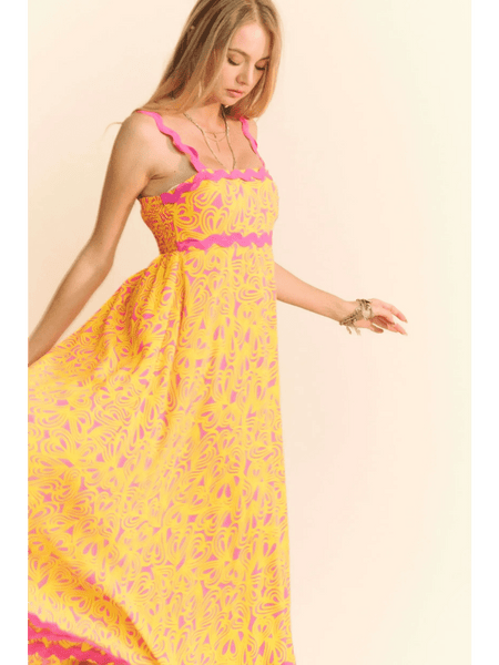 Trendsi yellow floral sundress for travel with pink accents and scalloped straps maxi dress