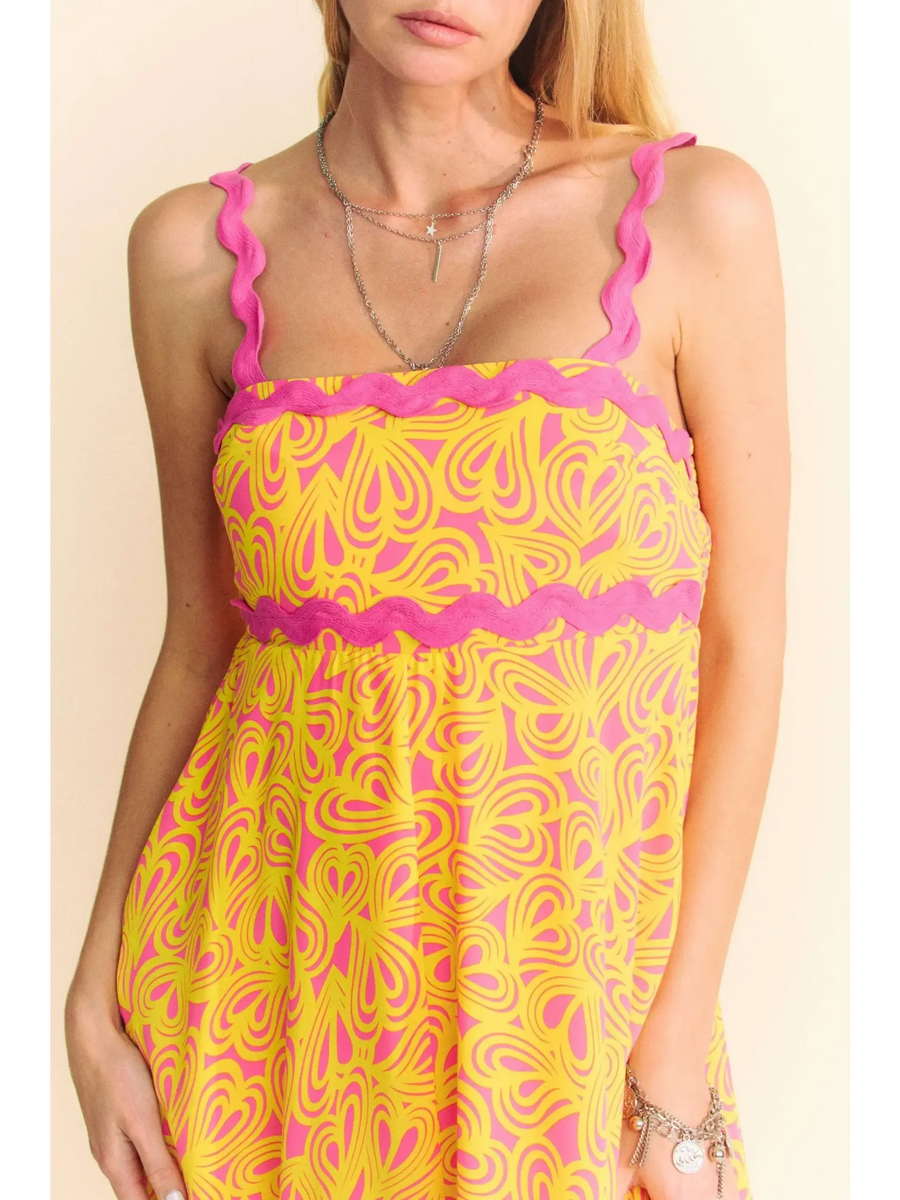 Trendsi yellow floral sundress for travel maxi dress with pink ruffle straps and vibrant pattern