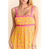 Trendsi yellow floral sundress for travel maxi dress with pink ruffle straps and vibrant pattern