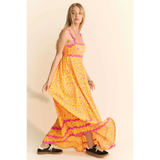 Yellow floral sundress for travel n maxi dress by Trendsi with pink trim and flowing skirt
