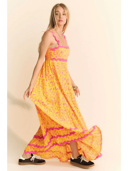 Yellow floral sundress for travel n maxi dress by Trendsi with pink trim and flowing skirt