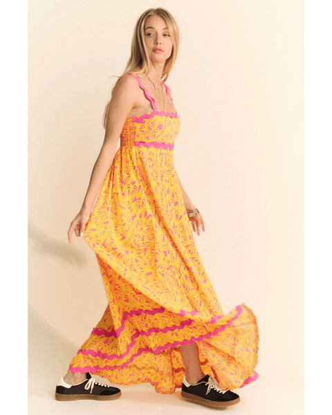 Yellow floral sundress for travel n maxi dress by Trendsi with pink trim and flowing skirt