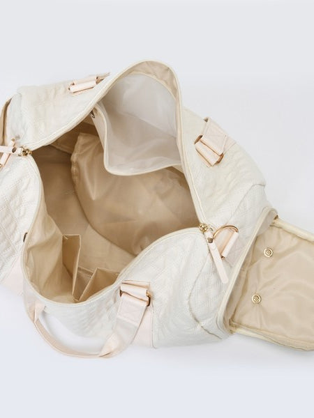 Babe Beachwaer Zahra carry on overnight bag in cream color open showing spacious interior and compartments