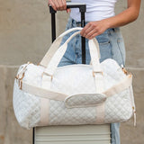 Babe Beachwaer Zahra carry on overnight bag in white quilted design with beige straps and gold hardware