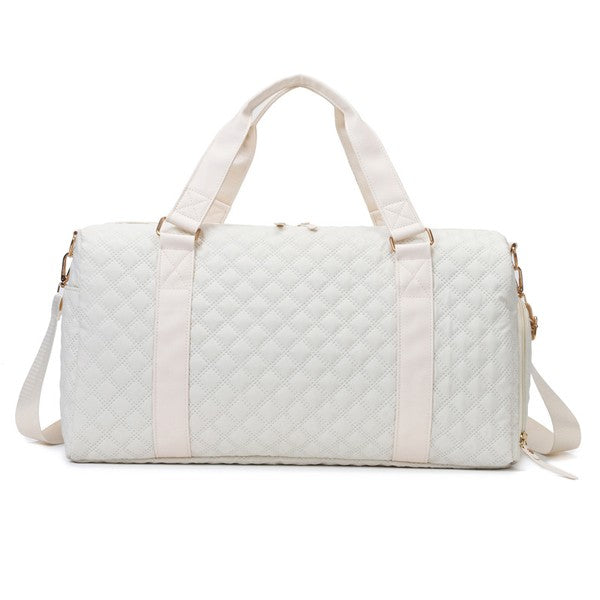 Babe Beachwaer Zahra carry on overnight bag in white quilted design with dual handles and shoulder strap