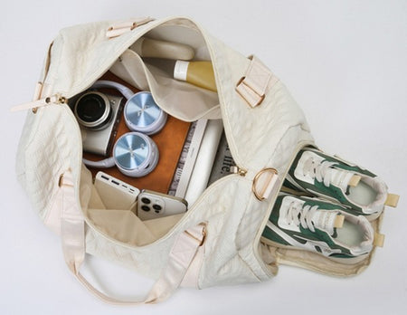 Babe Beachwaer Zahra carry on overnight bag in cream with shoes and travel essentials inside