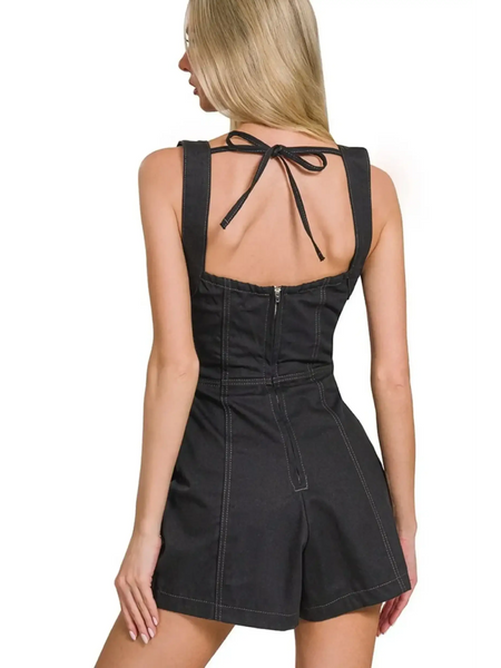 Back view of Babe Beachwear Zenana Casual Pocketed Romper in black with tie back and zipper detail