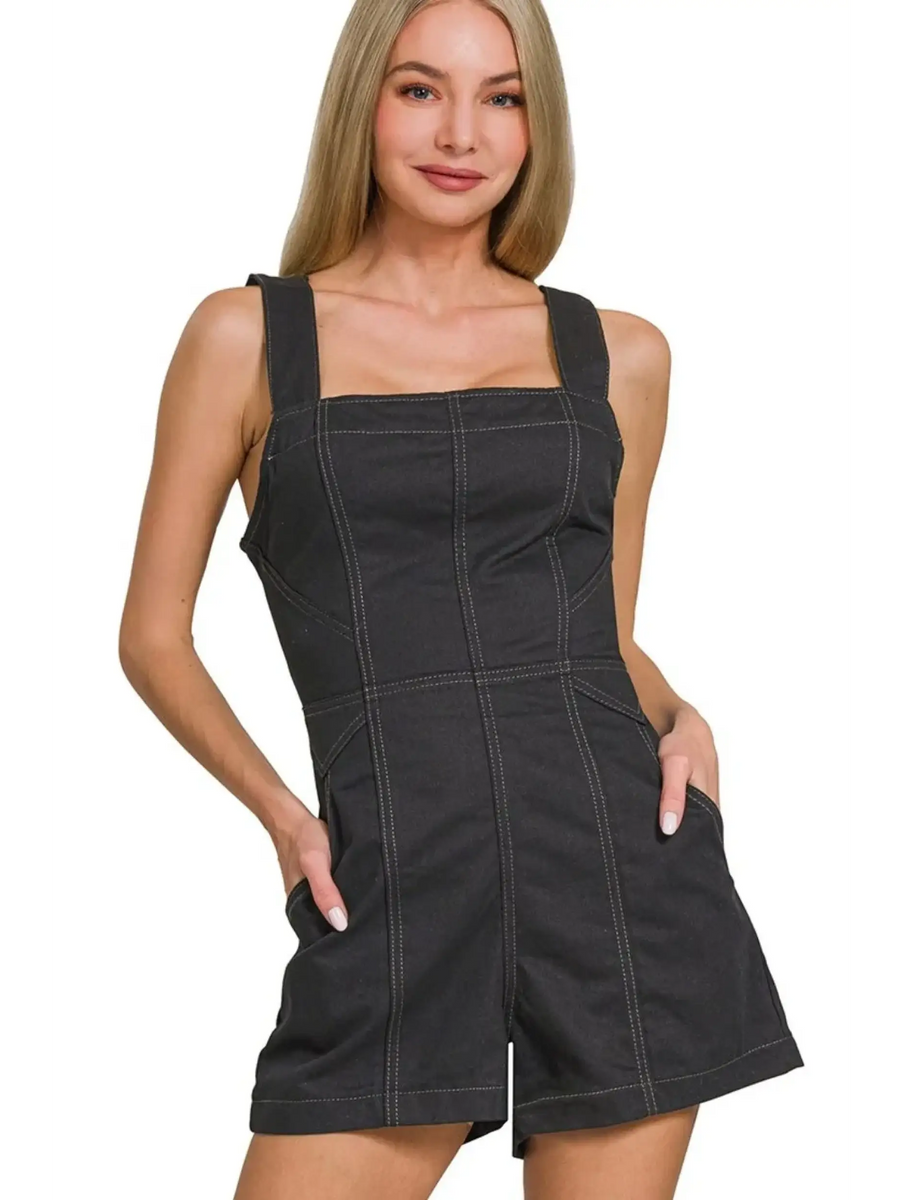 Babe Beachwear Zenana Casual Pocketed Romper in black with wide straps and front pockets