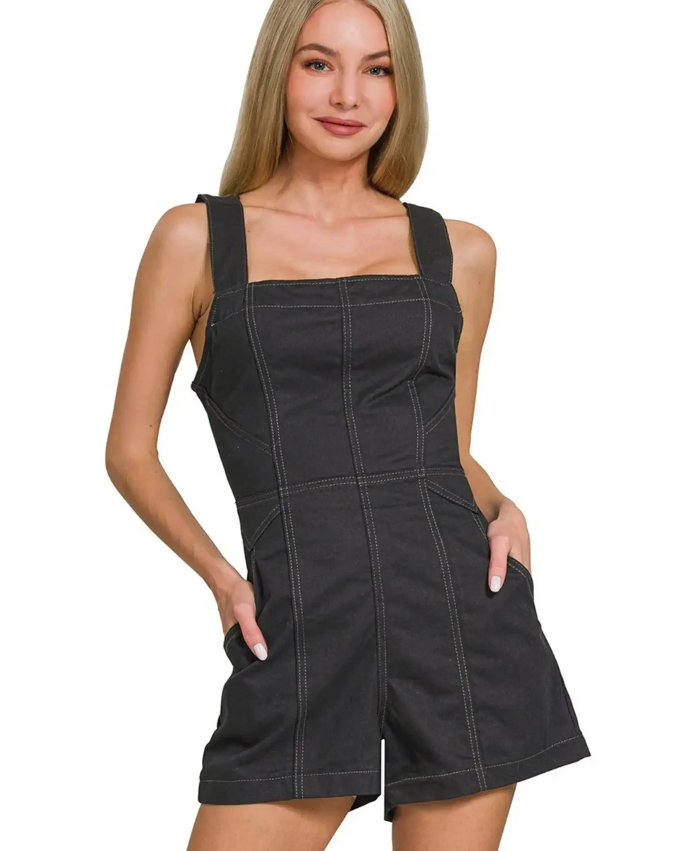 Babe Beachwear Zenana Casual Pocketed Romper in black with wide straps and front pockets