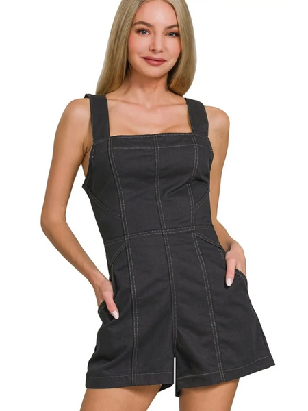 Babe Beachwear Zenana Casual Pocketed Romper in black with wide straps and front pockets