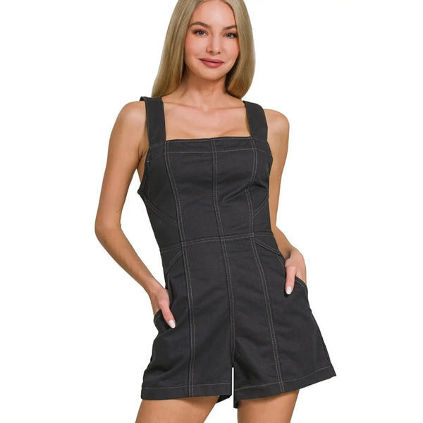 Babe Beachwear Zenana Casual Pocketed Romper in black with wide straps and front pockets