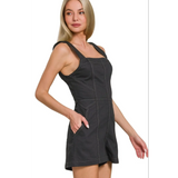 Babe Beachwear Zenana Casual Pocketed Romper in black with square neckline and side pockets
