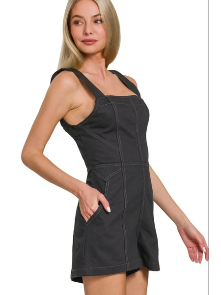 Babe Beachwear Zenana Casual Pocketed Romper in black with square neckline and side pockets
