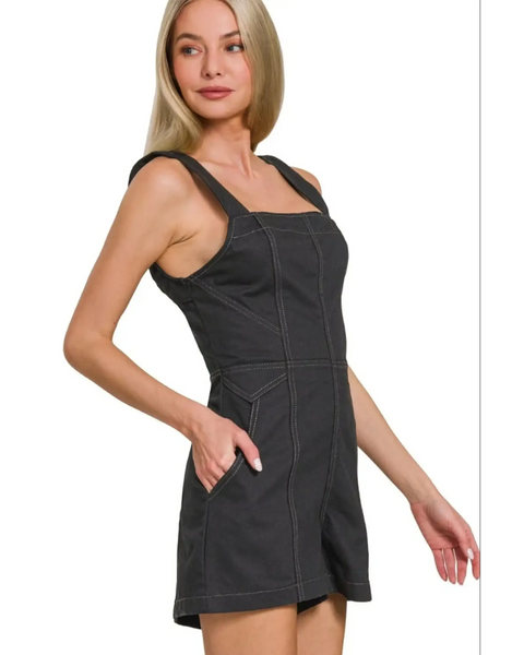 Babe Beachwear Zenana Casual Pocketed Romper in black with square neckline and side pockets