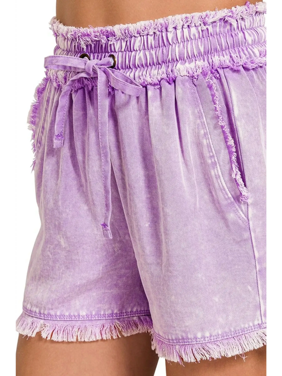 Babe Beachwear Zenana mineral wash shorts in lavender with elastic waistband and drawstring