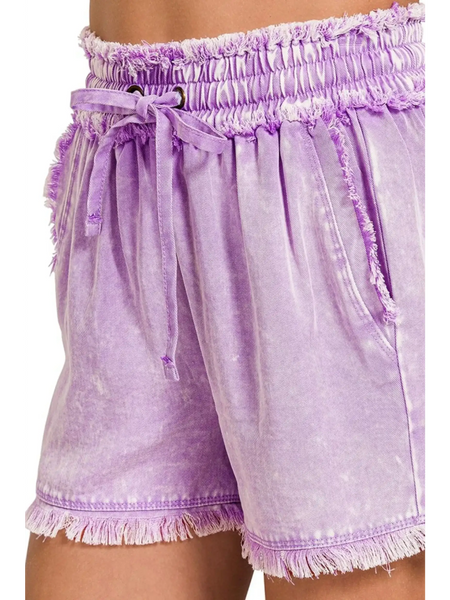 Babe Beachwear Zenana mineral wash shorts in lavender with elastic waistband and drawstring