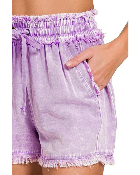 Babe Beachwear purple Zenana mineral wash shorts with frayed edges and elastic waistband